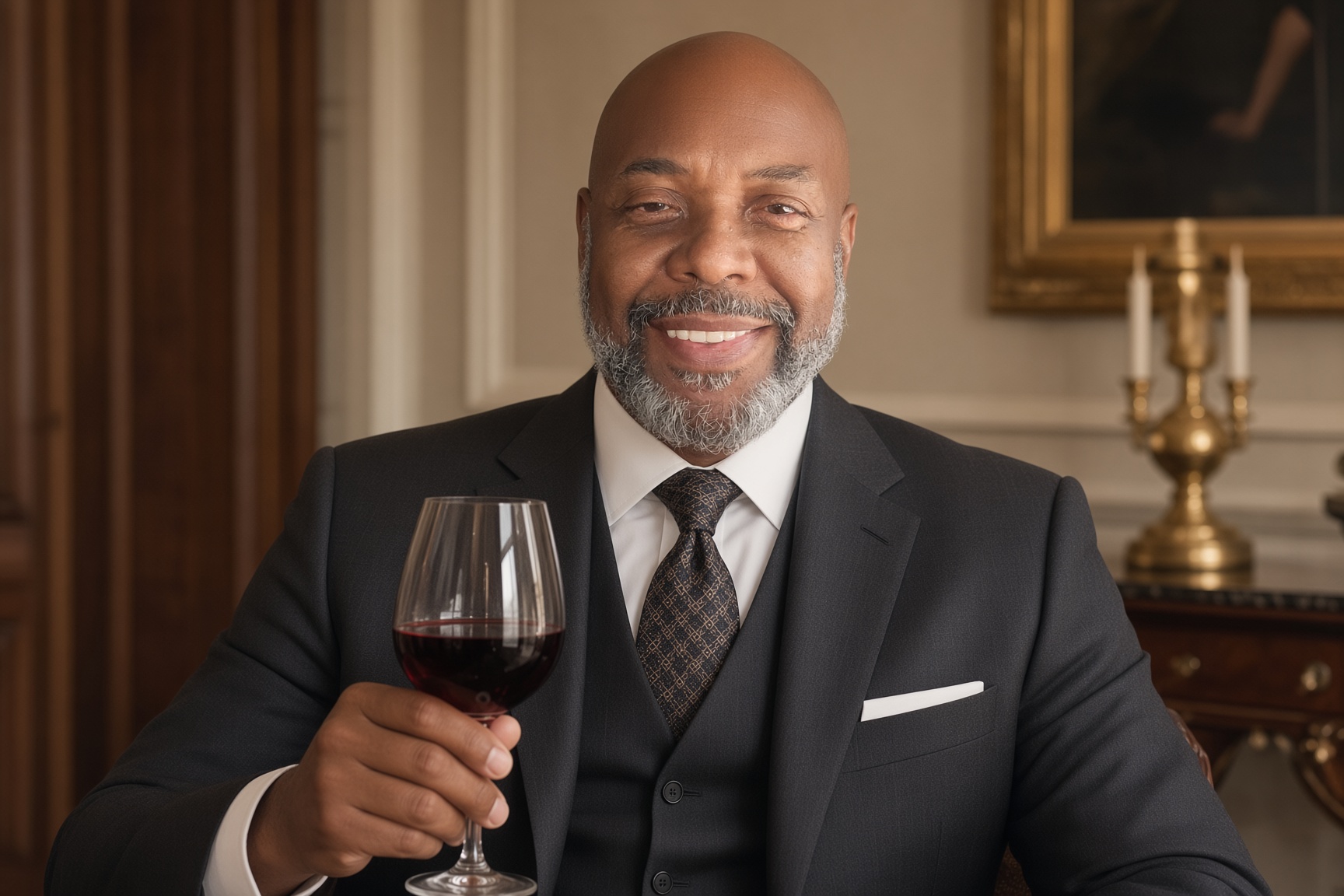 Harold Bryant in a charcoal suit with a glass of red wine